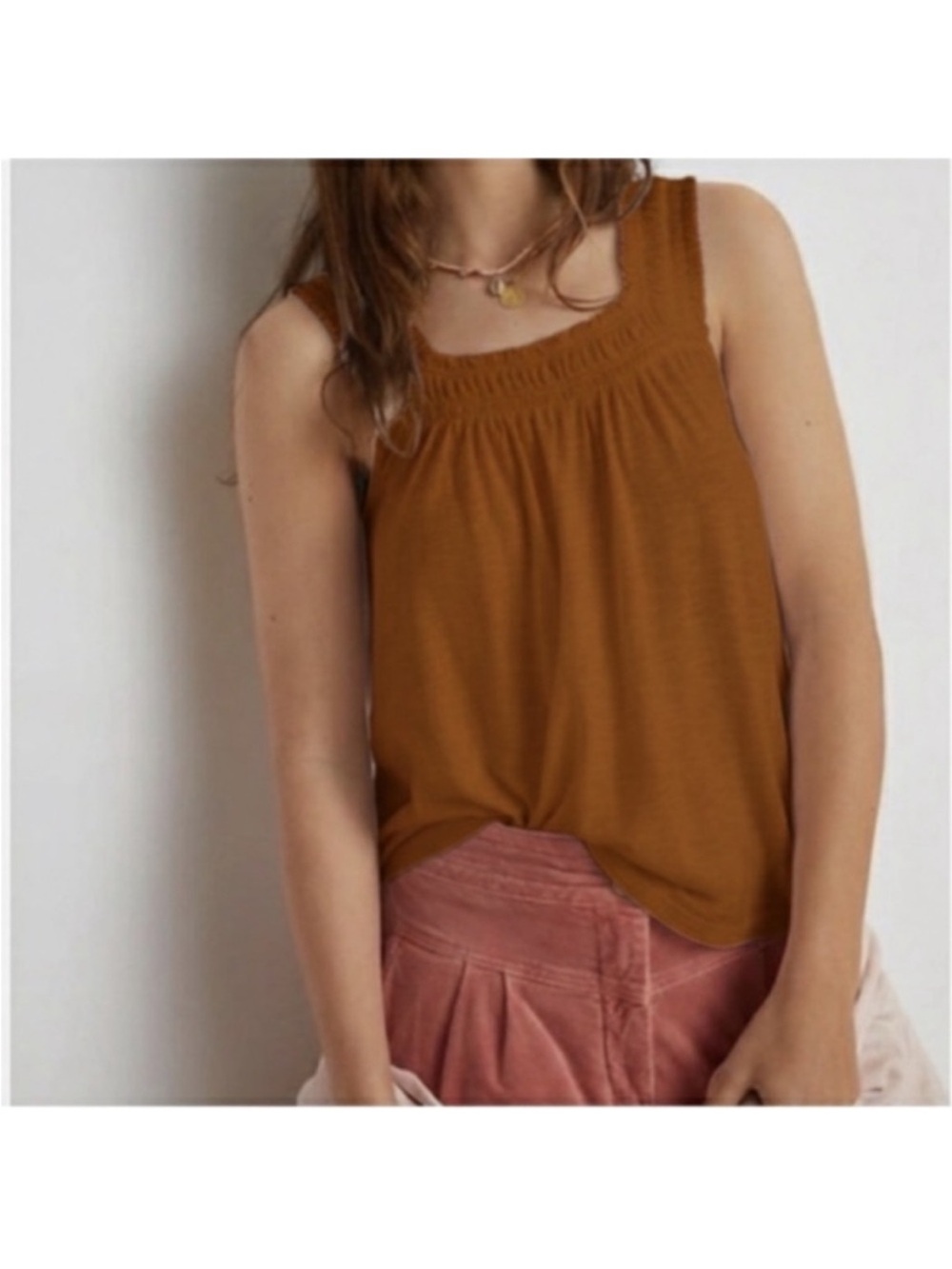 Anthropologie Lillian Ruched Smocked Tank Top Small-Medium Rust Orange New